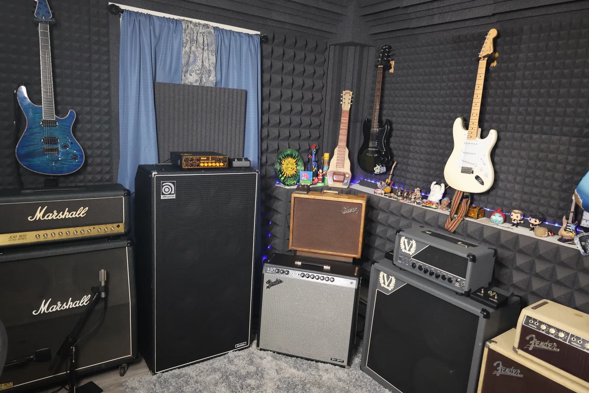 A corner of the live room at Certified Entertainment Studios, amps set up and ready