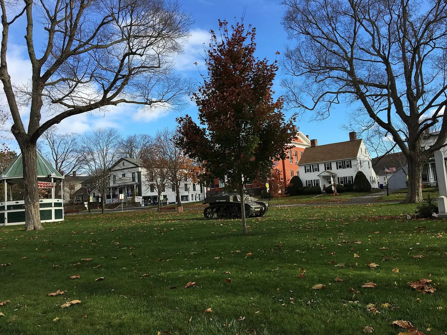 Houses and autumn trees along the town green in New Milford, Connecticut
